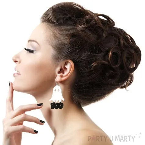 kolczyki duch z napisem boo bialo czarne 40x66 mm