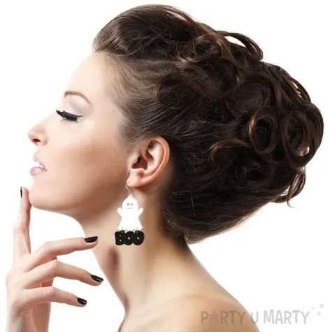 kolczyki duszek z napisem boo bialo czarne 35x60 mm