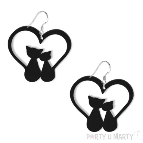 kolczyki kotki i ogonkowe serca czarne 50x45 mm