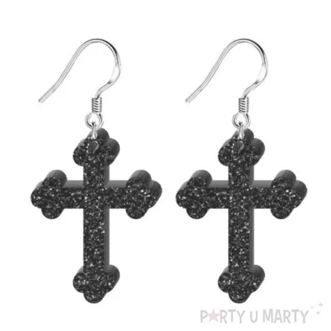 kolczyki krzyze gotyckie czarny brokat 27x37 mm