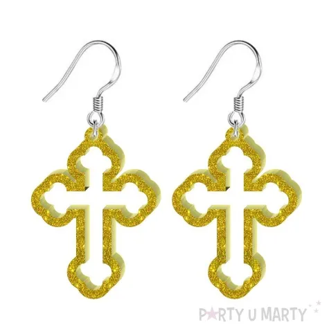 kolczyki krzyze zloty brokat 27x37 mm