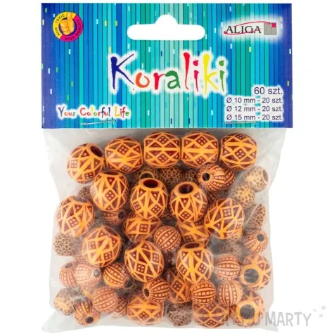 koraliki okragle ornament brazowy aliga 10 15 mm 60 szt