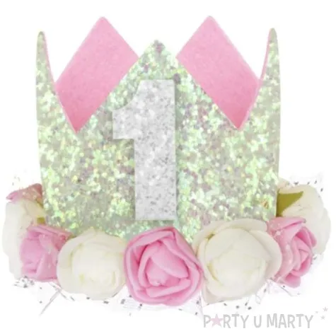 korona party 1 roczek srebrna brokatowa z rozami partypal