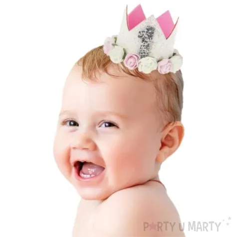 korona party 1 roczek srebrna brokatowa z rozami partypal