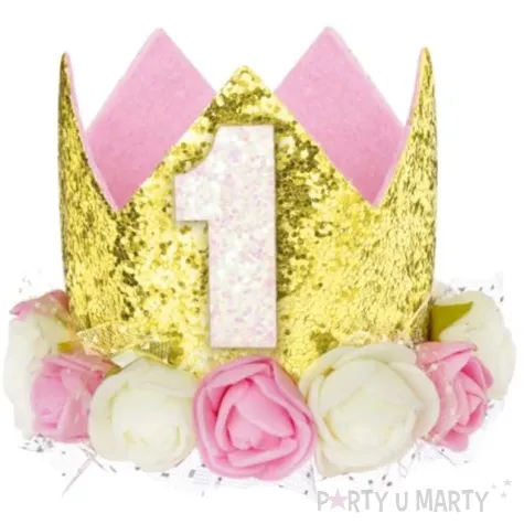 korona party 1 roczek zlota brokatowa z rozami partypal