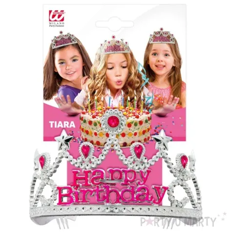 korona party diadem z klejnotami happy birthday srebrno rozowy widmann