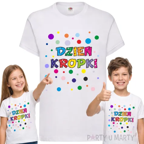 koszulka dziecieca z nadrukiem dla chlopca dziewczynki dzien kropki biala do przedszkola 128