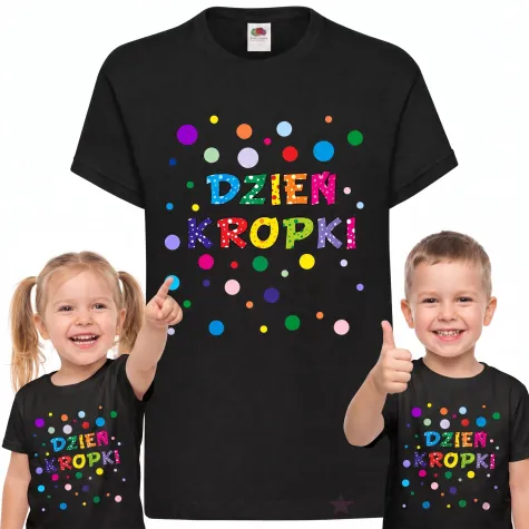 koszulka dziecieca z nadrukiem dla chlopca dziewczynki dzien kropki czarna do przedszkola 104