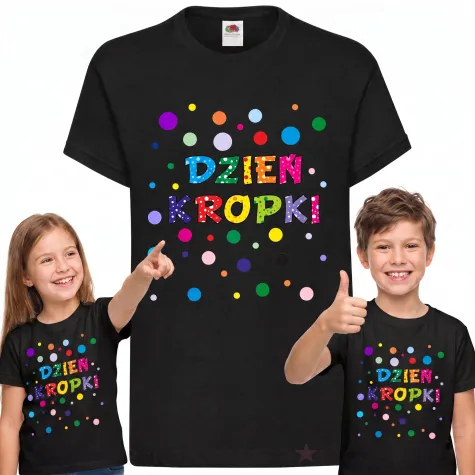 koszulka dziecieca z nadrukiem dla chlopca dziewczynki dzien kropki czarna do przedszkola 128