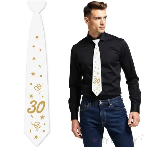 krawat na 30 urodziny dodatek do stroju glamour birthday bialy 43 cm