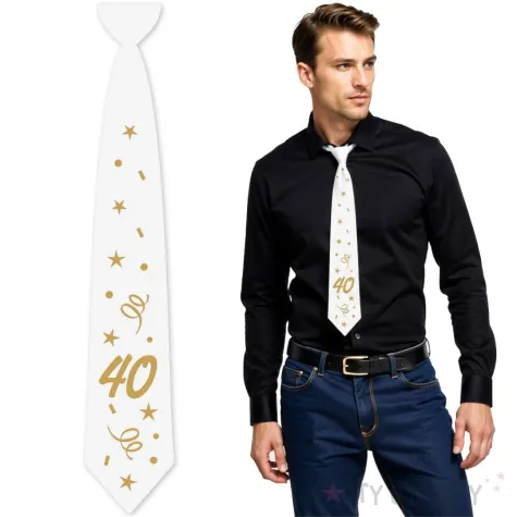 krawat na 40 urodziny dodatek do stroju glamour birthday bialy 43 cm