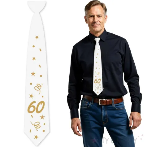 krawat na 60 urodziny dodatek do stroju glamour birthday bialy 43 cm