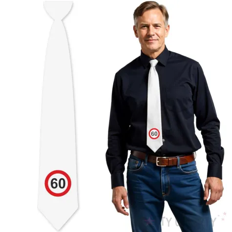 krawat na 60 urodziny dodatek do stroju traffic birthday bialy 43 cm
