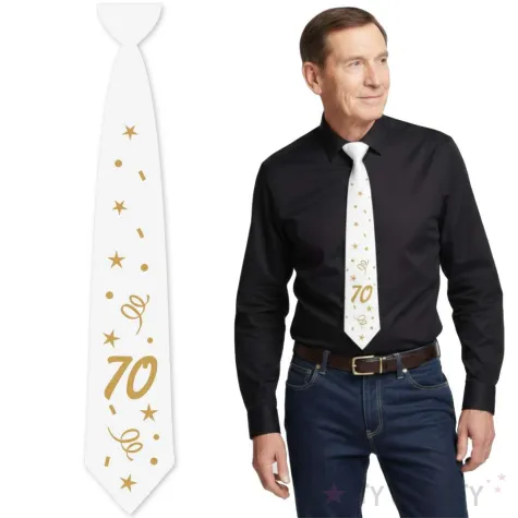 krawat na 70 urodziny dodatek do stroju glamour birthday bialy 43 cm