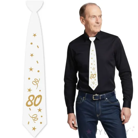 krawat na 80 urodziny dodatek do stroju glamour birthday bialy 43 cm