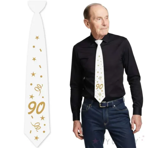 krawat na 90 urodziny dodatek do stroju glamour birthday bialy 43 cm