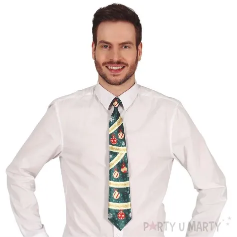 krawat swiateczny bombki i sniezynki zielony ciemny guirca