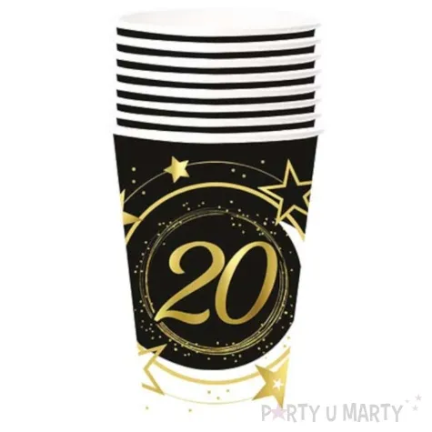 kubeczki papierowe 20 urodziny gwiazdy czarno zloty guirca 240 ml 6 szt