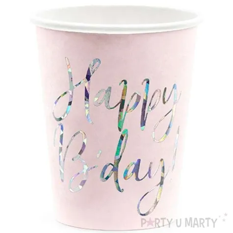 kubeczki papierowe happy birthday holo rozowe pudrowe partydeco 220 ml 6 szt