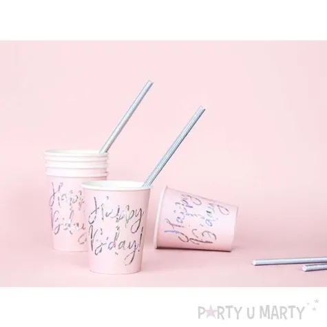 kubeczki papierowe happy birthday holo rozowe pudrowe partydeco 220 ml 6 szt