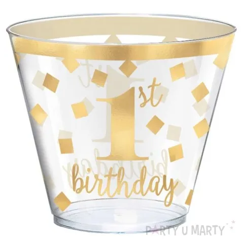 kubeczki plastikowe 1 urodziny transparentno zlote amscan