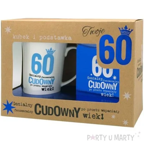 kubek 60 urodziny z podstawka niebieski pan dragon 350 ml