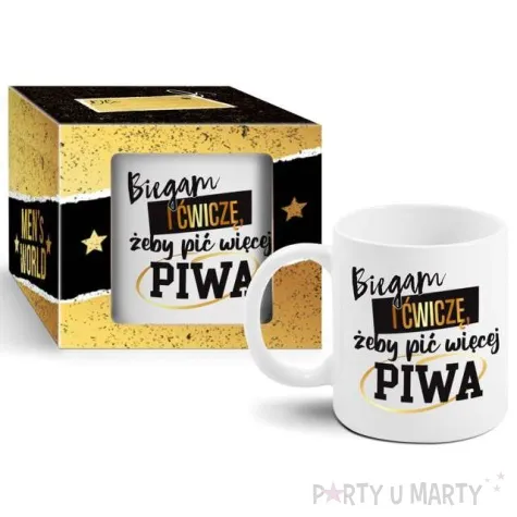 kubek z nadrukiem biegam boss bialy bgtech 300 ml