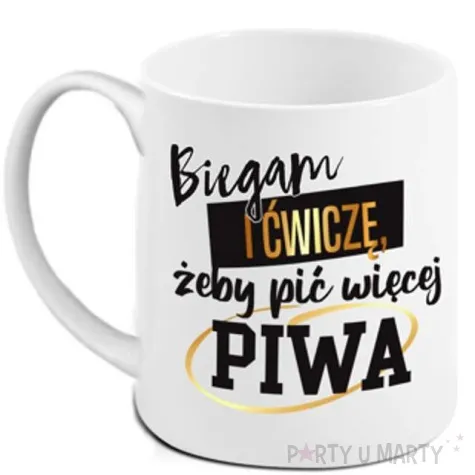 kubek z nadrukiem biegam boss bialy bgtech 300 ml