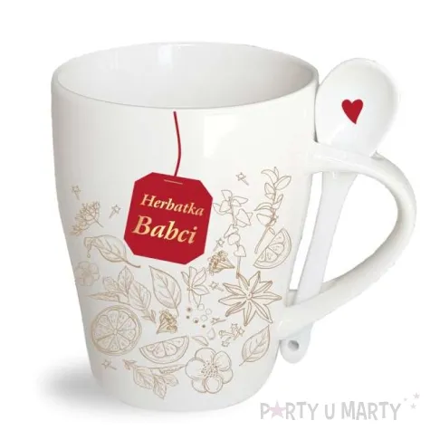 kubek z nadrukiem herbatka babci zestaw lyzeczka herbata bgtech 300 ml