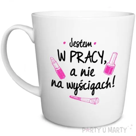 kubek z nadrukiem jestem w pracy nie na wyscigach bialy bgtech 480ml