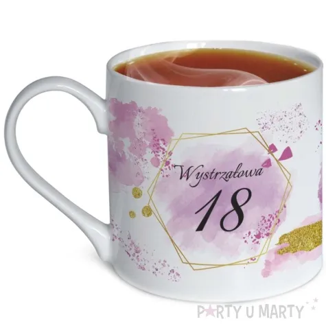 kubek z nadrukiem urodzinowy z dedykacja 18 bialy zdobiony bgtech 370 ml
