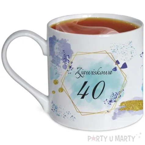 kubek z nadrukiem urodzinowy z dedykacja 40 bialy zdobiony bgtech 370 ml