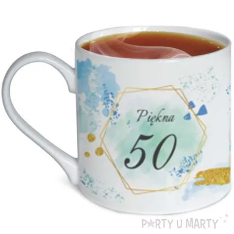 kubek z nadrukiem urodziny z dedykacja 50 bialy zdobiony bgtech 370 ml