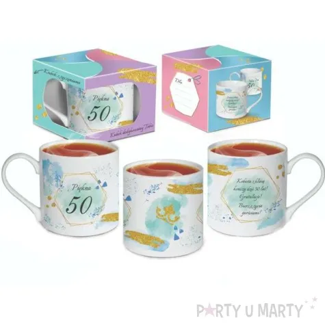 kubek z nadrukiem urodziny z dedykacja 50 bialy zdobiony bgtech 370 ml