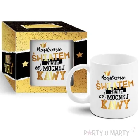 kubek z nadrukiem zaczynam od mocnej kawy boss bialy bgtech 300 ml