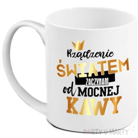 kubek z nadrukiem zaczynam od mocnej kawy boss bialy bgtech 300 ml