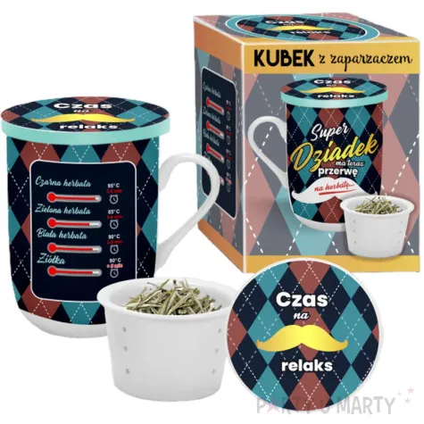 kubek z nadrukiem zaparzacz super dziadek ma teraz przerwe bgtech 330 ml