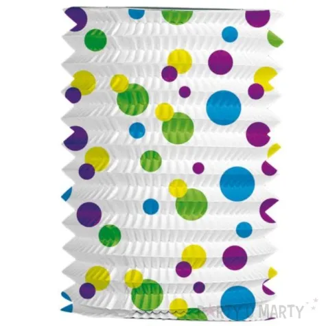 lampion papierowy kropki kolorowe bialy folat 16 cm