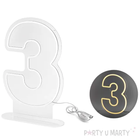 lampka dekoracyjna cyfra 3 neon led bialy partydeco 50 cm