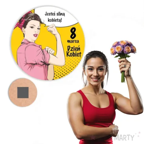 magnes 8 marca silna kobieta retro prezent na dzien kobiet zolty 9 cm