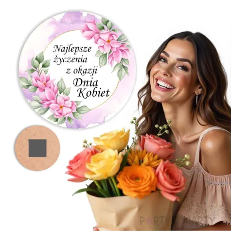 magnes najlepsze zyczenia rozowe kwiaty prezent na dzien kobiet bialy 9 cm