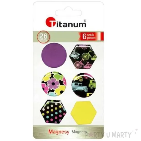 magnesy okragle i szesciokatne kolorowe rysunki kolor mix titanum 26 mm 6 szt