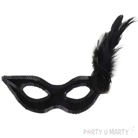 maska karnawalowa czarna cekinowa z piorkiem