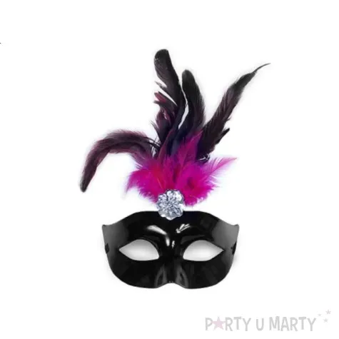 maska karnawalowa czarna z czarno rozowym piorem