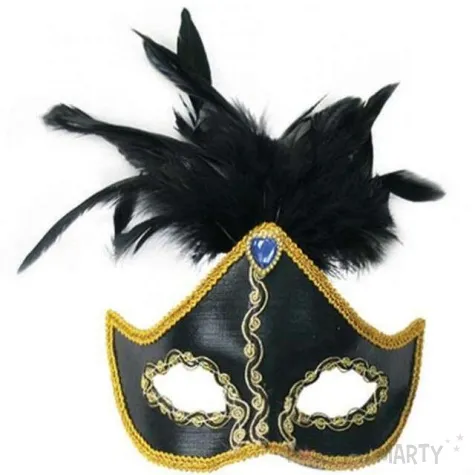 maska karnawalowa czarna z piorami