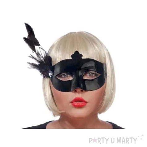 maska karnawalowa czarna z piorkiem