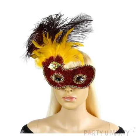 maska karnawalowa czerwona cekinowa z zoltymi piorkami