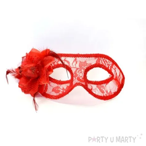 maska karnawalowa czerwona koronkowa z roza