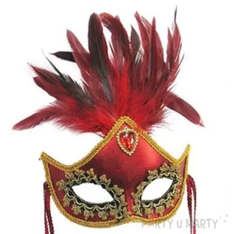 maska karnawalowa czerwona z piorami