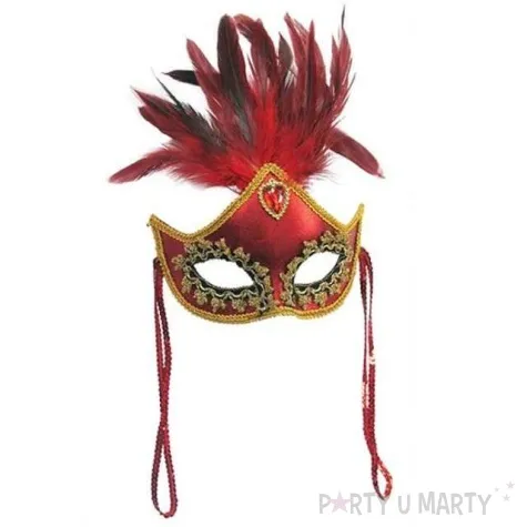 maska karnawalowa czerwona z piorami